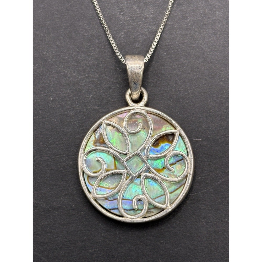 18" Sterling Silver Abelone Disc Pendant Necklace 5 Grams G9